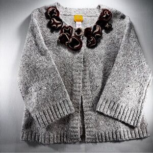 Ruby Rd. Heather Gray Cardigan with Velvet Floral Accents 3/4‎ Sleeve